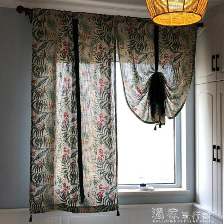 【優選百貨】窗紗簾北歐綠色幾何植物美式復古提拉簾廚房 2