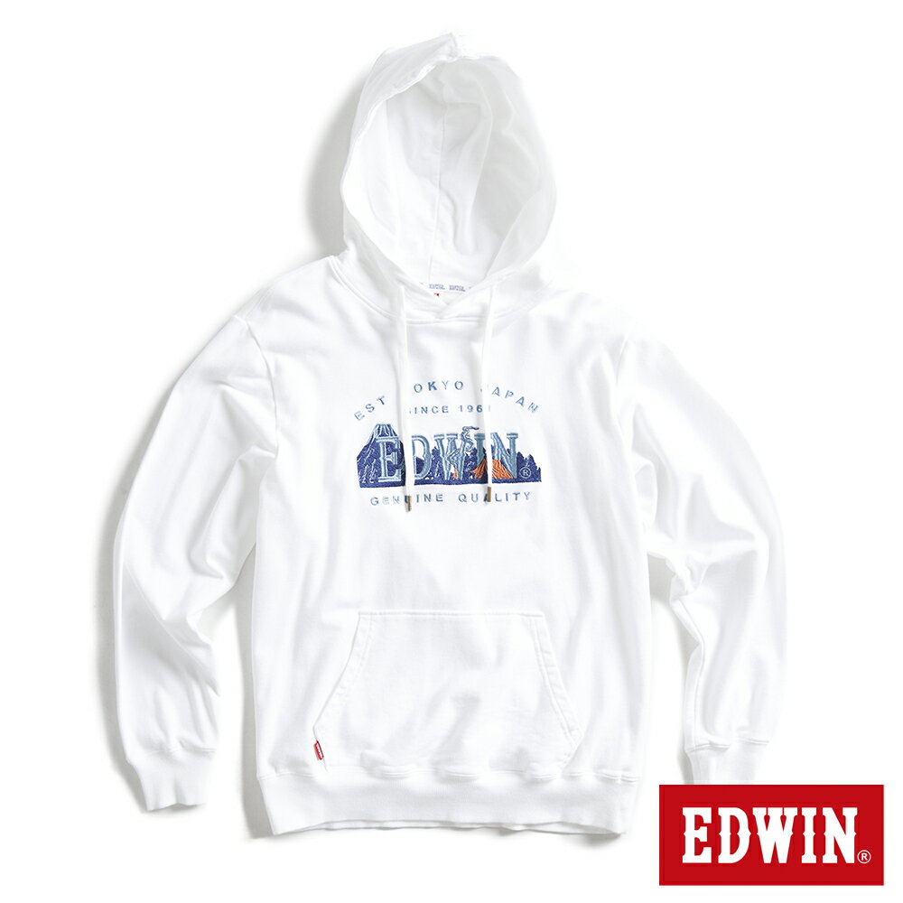 EDWIN 露營系列 富士山刺繡LOGO連帽長袖T恤-男款 米白色