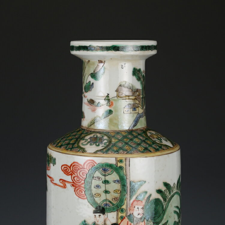 清時代 康熙五彩人物物語文瓶　西廂記棒槌瓶 花瓶(E-74) 清時代 康熙五彩人物物語文瓶 西廂記棒槌瓶 花瓶(E-74)