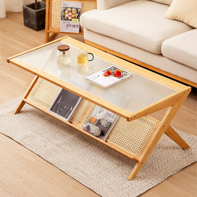 茶幾 茶臺 玻璃客廳日式原木風藤編茶桌家用小戶型長方形簡約桌