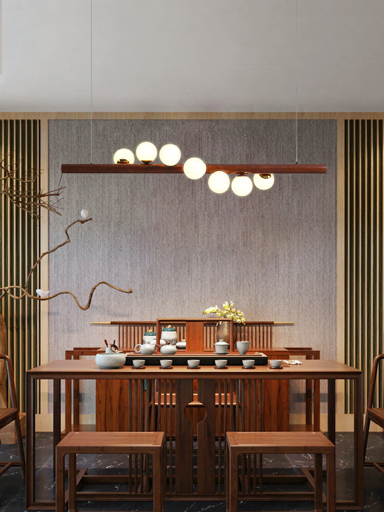 新中式吊燈餐廳飯桌吧臺燈創意實木led中國風胡桃木仿古餐桌燈具