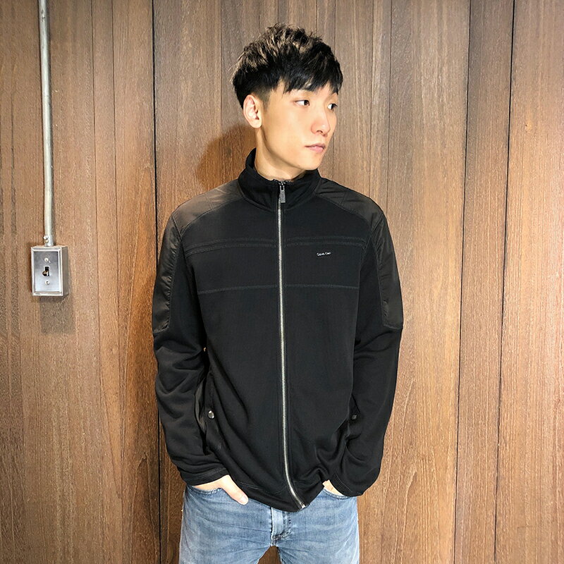美國百分百【Calvin Klein】外套 CK 夾克 立領 騎士 尼龍 針織 拼接 修身 男 黑色 L號 F986