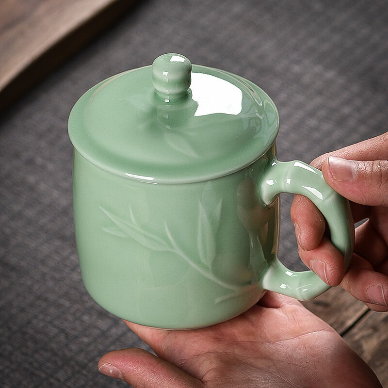 龍泉策穎青瓷茶杯家用泡茶杯陶瓷帶蓋個人水杯會議杯辦公馬克杯辦