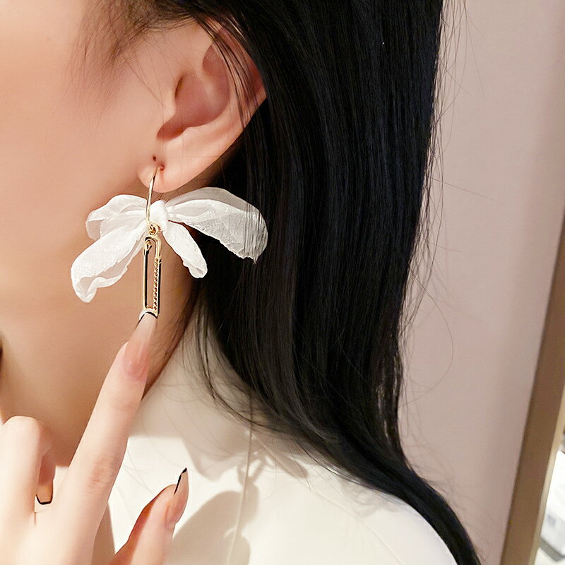 925銀針韓國東大門時尚個性耳環女紗布蝴蝶結鑲鉆耳墜氣質潮耳飾