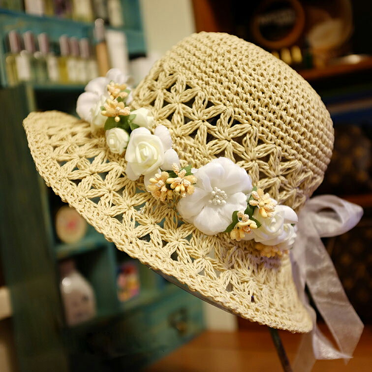 夏天日系鏤空花朵草帽甜美小清新春季旅游帽沙灘女士遮陽帽可折疊1入