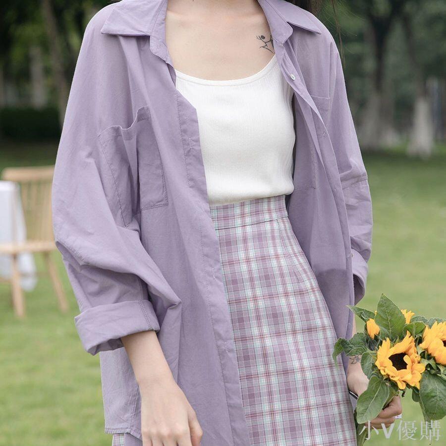 夏季薄款紫色長袖防曬衣襯衫女夏薄上衣2024新款春季外穿百搭外套