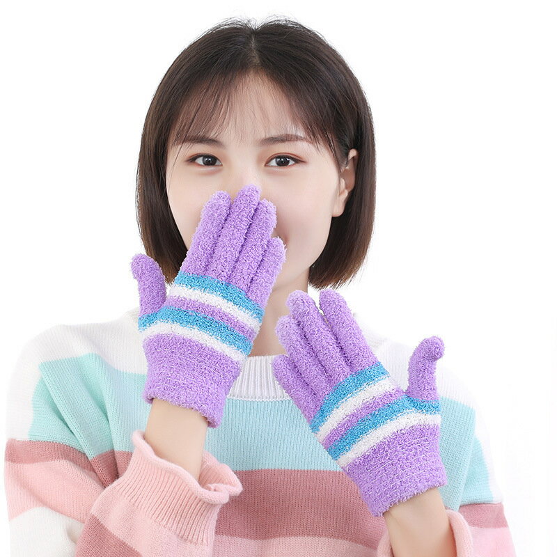 成人珊瑚絨保暖加厚手套糖果色條紋毛圈女生五指手套防凍防寒戶外