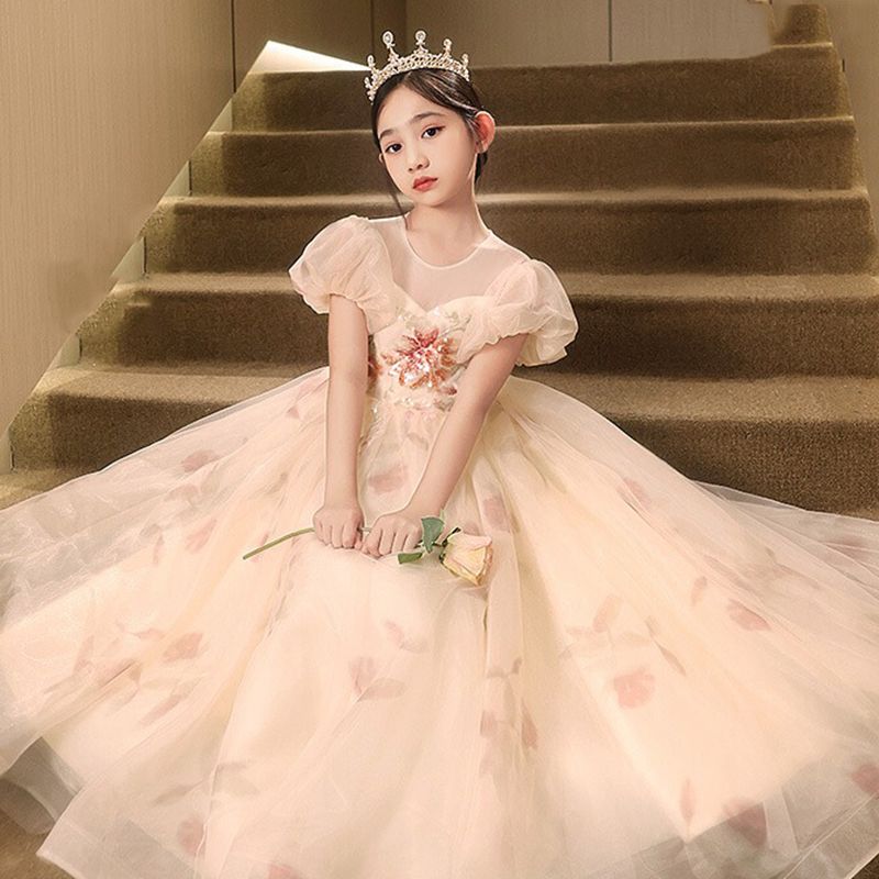 女童禮服公主裙花童婚禮甜美蓬蓬紗泡泡袖兒童主持人表演走秀禮服