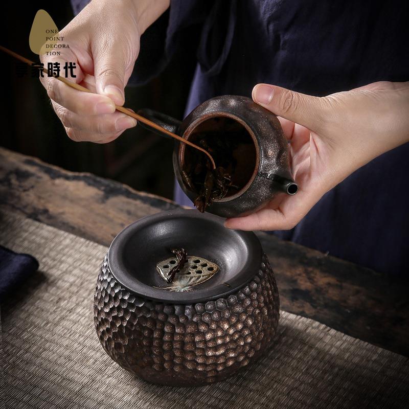日式錘紋蓮蓬建水 陶瓷 茶渣缸茶洗帶蓋 復古 茶渣桶水孟大號水洗杯洗xj7251