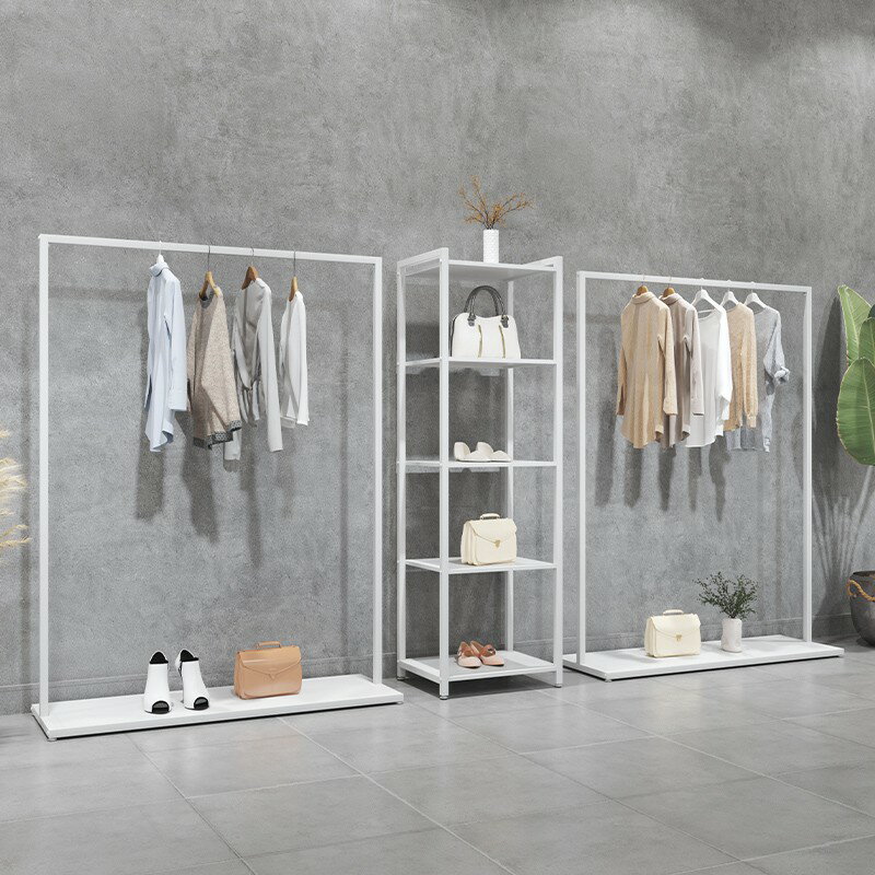 服裝展示架 服裝架 衣帽架 服裝店展示架白色服裝架簡約鐵藝正掛女裝店貨架側掛衣架陳列落地『cyd22527』