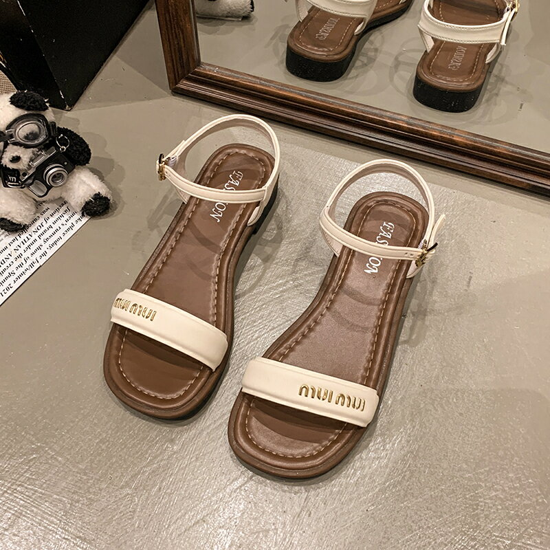 一字帶涼鞋女 2025年新款露趾低跟一字帶涼鞋女夏季軟底平底簡約大碼羅馬涼拖鞋