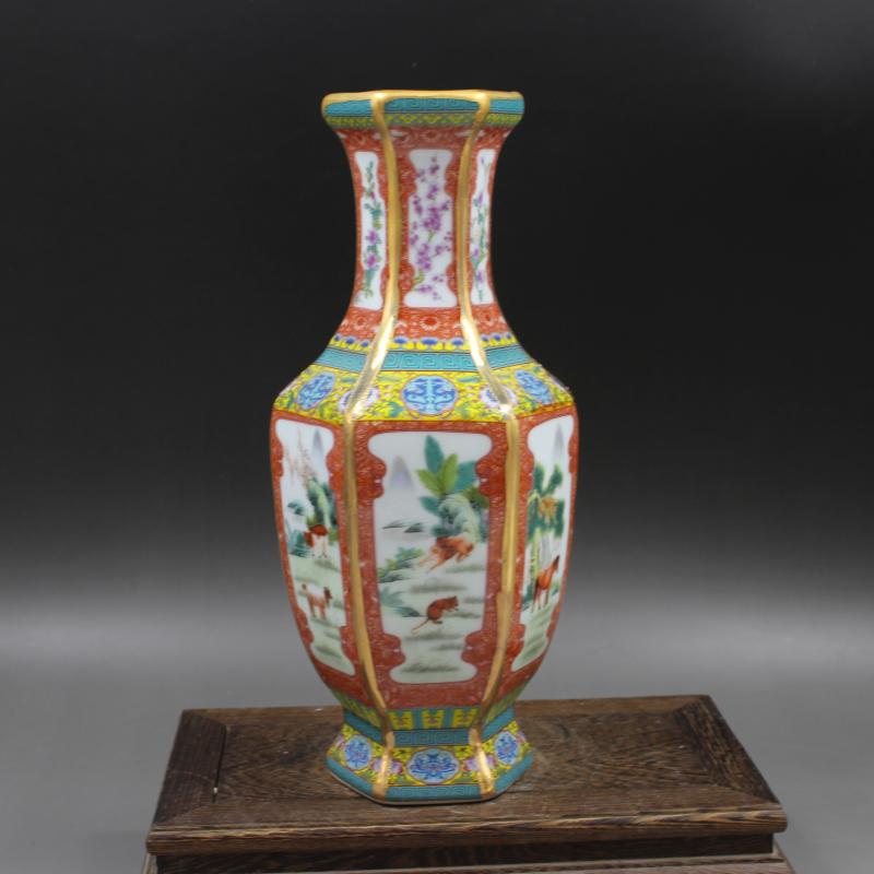 清乾隆年制粉彩描金十二生肖六方花瓶 家居擺件瓷器 古董古玩收藏1入