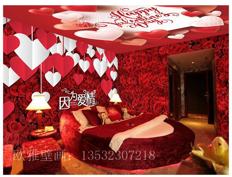 紅色玫瑰花朵墻紙愛心公寓酒店房間床頭背景墻溫馨浪漫主題壁紙