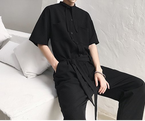 FINDSENSE H1 2018 夏季 新款 男 日本設計師款 高品質領口系結 情侶連體褲 休閒潮流連體衣 獨家款