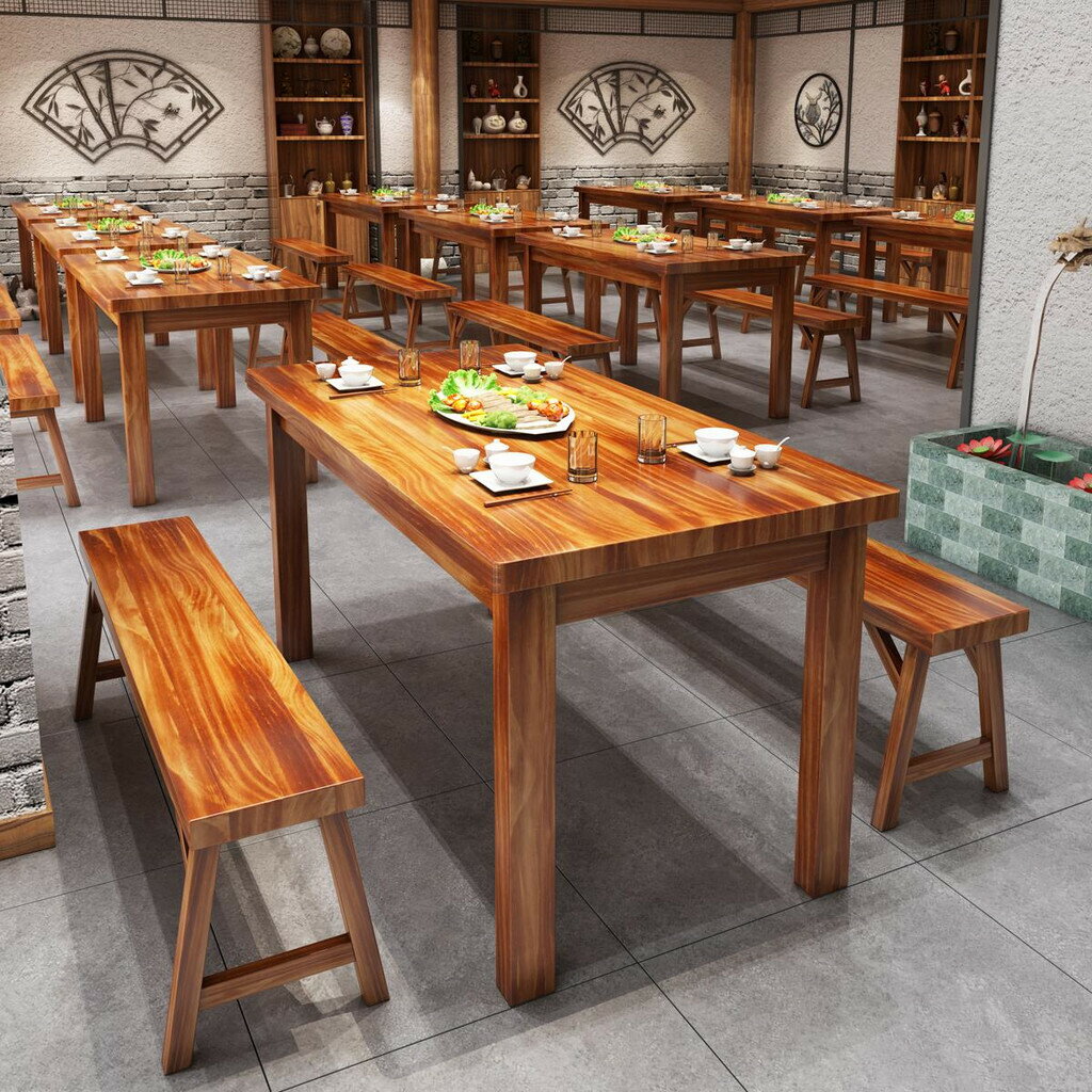 快速出貨 附發票 桌子 實木桌子 餐飲店鋪餐桌 飯店餐飲桌椅組合 實木長餐桌子 面館快餐店燒烤店火鍋店碳加厚凳子