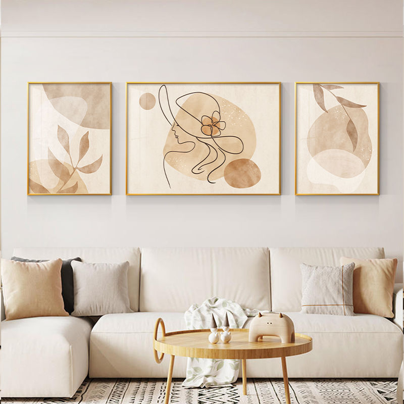 奶油風客廳掛畫北歐抽象沙發背景墻裝飾畫原木風現代簡約三聯壁畫