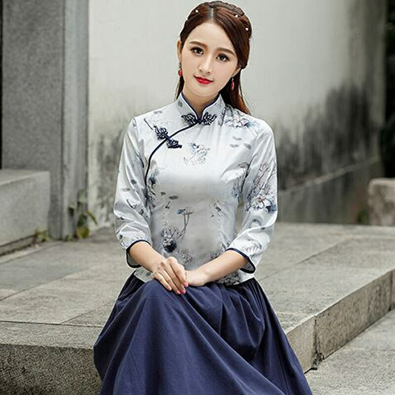 民國風女裝漢服改良旗袍上衣模擬絲茶服中國風夏裝日常改良裝女1入