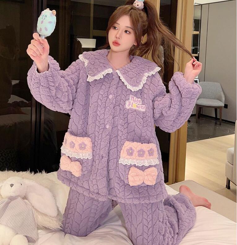大碼家居服套裝珊瑚絨睡衣女秋冬季加厚毛絨法蘭絨寬松【繁星小鎮】