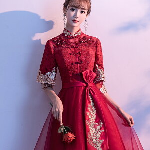 中式結婚旗袍敬酒服2022新款夏季長袖酒紅色小個子秀禾服新娘禮服