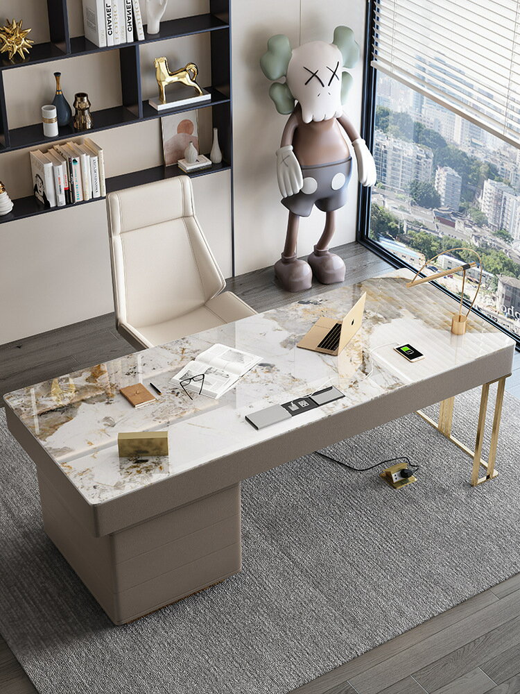 亮光巖闆書桌不鏽鋼鈦金冩字辦公桌書房電腦桌