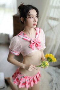 【MG】夏季可愛草莓印花水手服 性感透視學生制服誘惑 OL套裝睡衣