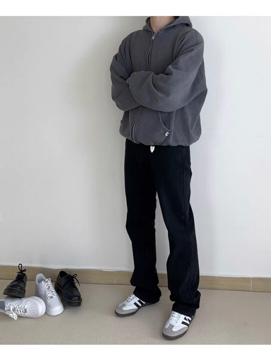 AMBSOM“New vintage”517高盎司水洗做舊黑灰微喇牛仔褲Cleanfit