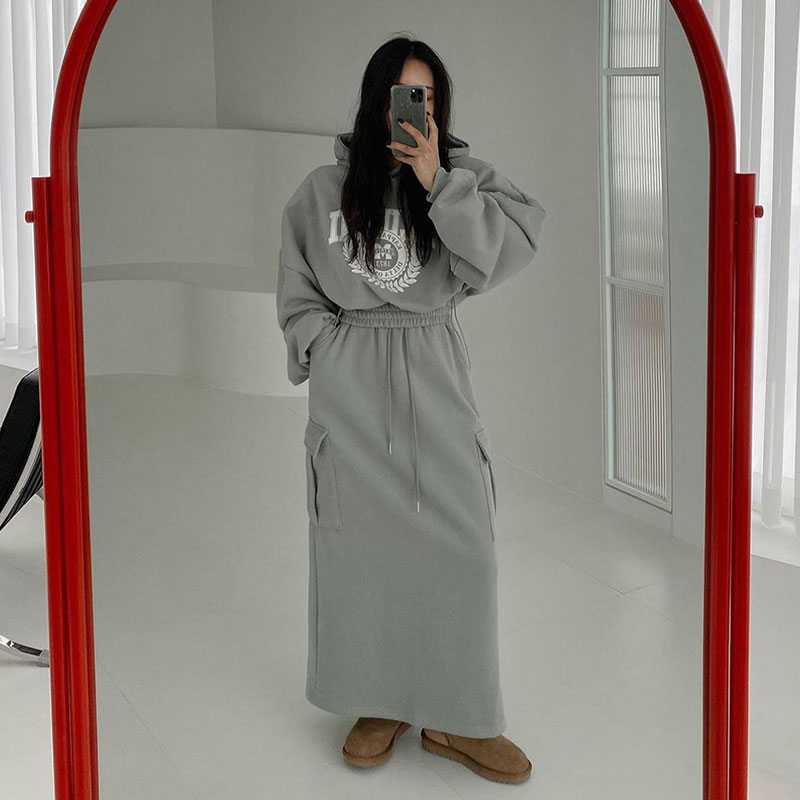 ANNAS 正韓刷毛工作裙套裝 連帽刷毛T 刷毛口袋長裙 休閒潮流字母印花 韓國 6