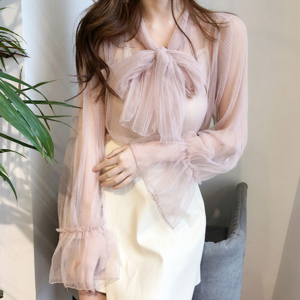 兩件組 蝴蝶結網紗 內搭背心 襯衫 上衣 套裝 長袖 喇叭袖 透膚 透視 性感 女神 氣質 婚宴 仙女 韓國 ANNA S. 8