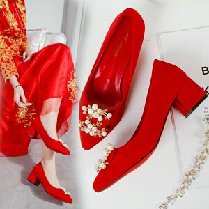 紅色婚鞋新娘鞋水鑚尖頭單鞋粗跟珍珠扣禮服鞋孕婦結婚單鞋 交換禮物