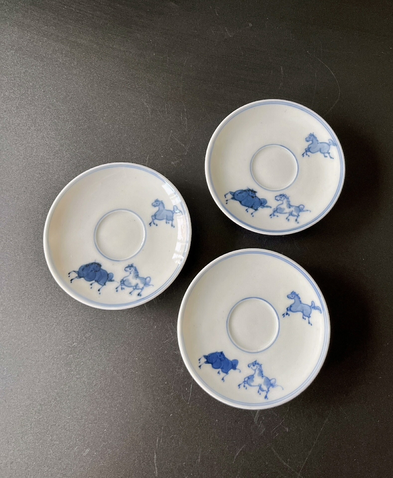 日本有田燒 名家福峰作 青花手繪杯盞 杯託3只 標價