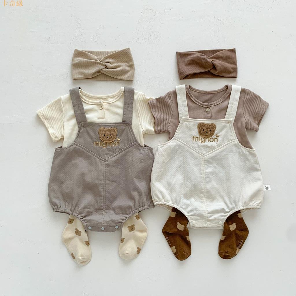 嬰兒衣服夏季嬰童寶寶可愛小熊刺繡揹帶哈衣+短袖T恤套裝兩件套