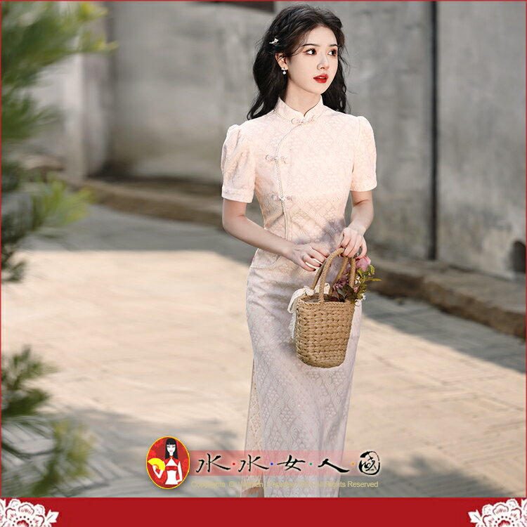 複合蕾絲旗袍中長款春夏新款珍珠邊少女旗袍中式改良修身連衣裙旗袍-嬋媛(淺粉色)-水水女人國