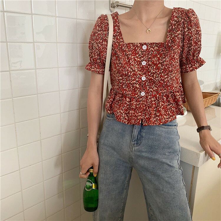 夏裝chic娃娃衫短袖復古設計感氣質顯瘦方領小清新短款上衣女1入