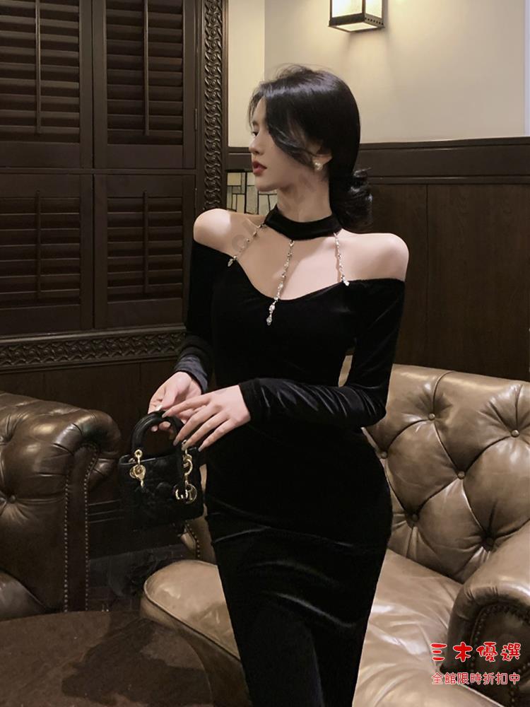 尾牙禮服 洋裝 氣質性感抹胸魚尾掛脖連衣裙女春季高階感黑色絲絨長裙晚會禮服裙交換禮物 三木優選