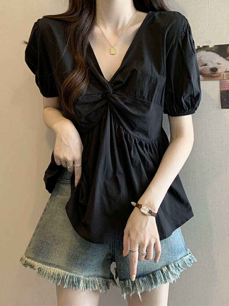 大碼女裝遮肚子泡泡袖V領短袖襯衫女夏季胖妹妹顯瘦遮肉雪紡上衣【淘夢屋】
