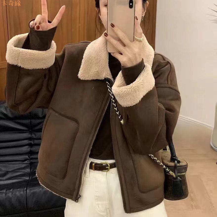 高階感皮毛一體羊羔毛外套女秋冬加厚翻領機車服夾克上衣
