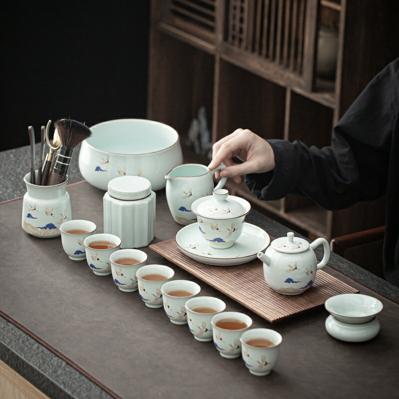 家用整套簡約功夫茶具套裝仙鶴泡茶碗辦公室會客喝茶茶壺茶杯禮盒