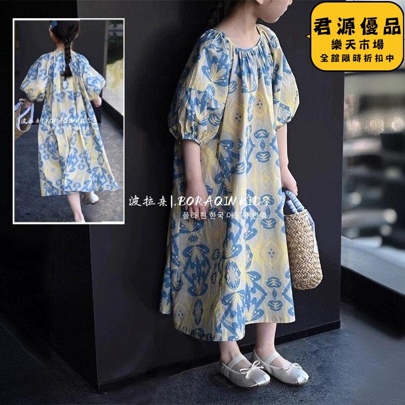 洋裝 女童洋裝 女童連衣裙 夏款寬鬆童裝 兒童復古花紋拼色泡泡短袖連衣裙 連衣裙
