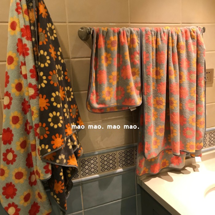 復古太陽花柔軟吸水速干浴巾學生宿舍家用浴室加厚珊瑚絨洗澡毛巾
