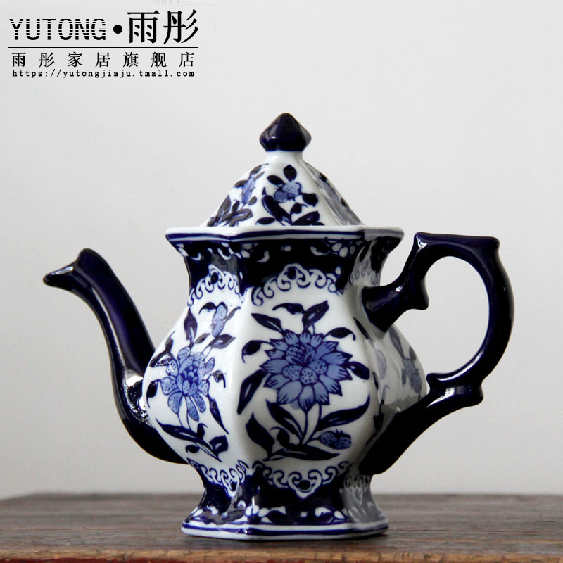 陶瓷器青花瓷 菱形咖啡壺 茶壺隨手壺涼白開