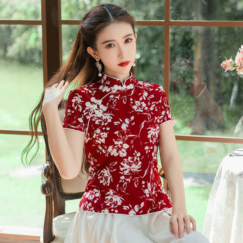 夏季新款中國風年輕款少女改良旗袍上衣復古印花襯衫中式唐裝