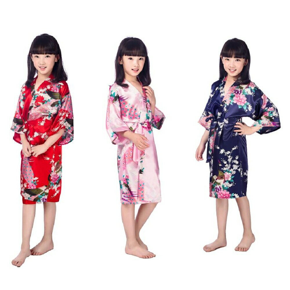 兒童睡袍 夏季薄款模擬絲家居服 日式開衫袍 女童印花孔雀睡衣 88111