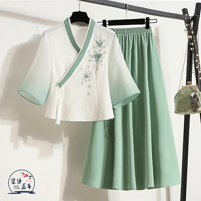民國少女套裝裙中國風復古女裝唐裝盤扣上衣改良漢服茶服兩件套夏