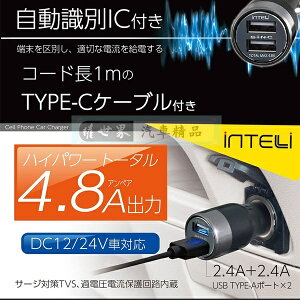 權世界@汽車用品 日本SEIWA 4.8A 雙USB插座 點煙器電源插座擴充器車充 附TYPE-C充電線 D491