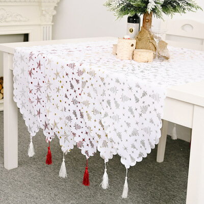 圣誕節裝飾品燙金白色桌旗創意新款桌旗歐美餐桌家用裝扮燙金桌布
