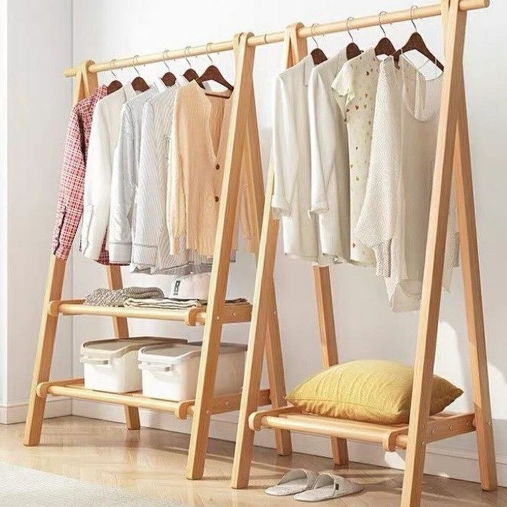 落地家用 掛衣架 臥室房間 櫸木質 晾衣服架 室內簡易 立式桿