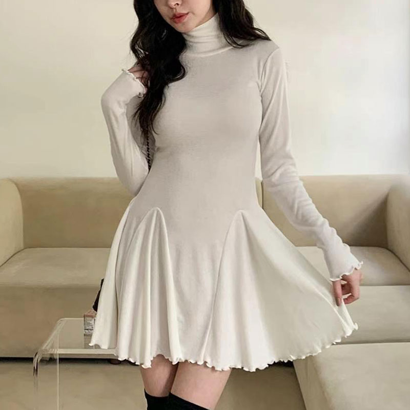 ANNAS 正韓顯身材高領傘裙洋裝 棉質彈性貼身洋裝 長袖高領洋裝 腰身顯瘦A字裙 性感合身素面 8