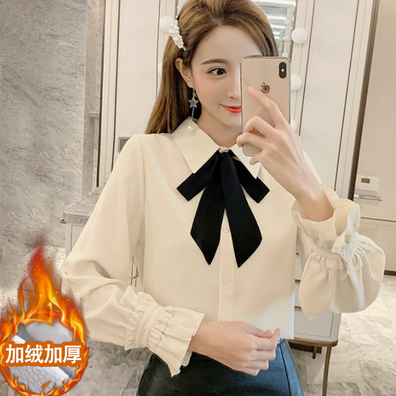蝴蝶結雪紡衫上衣女秋冬裝新款韓範學院風學生加絨加厚襯衫女1入