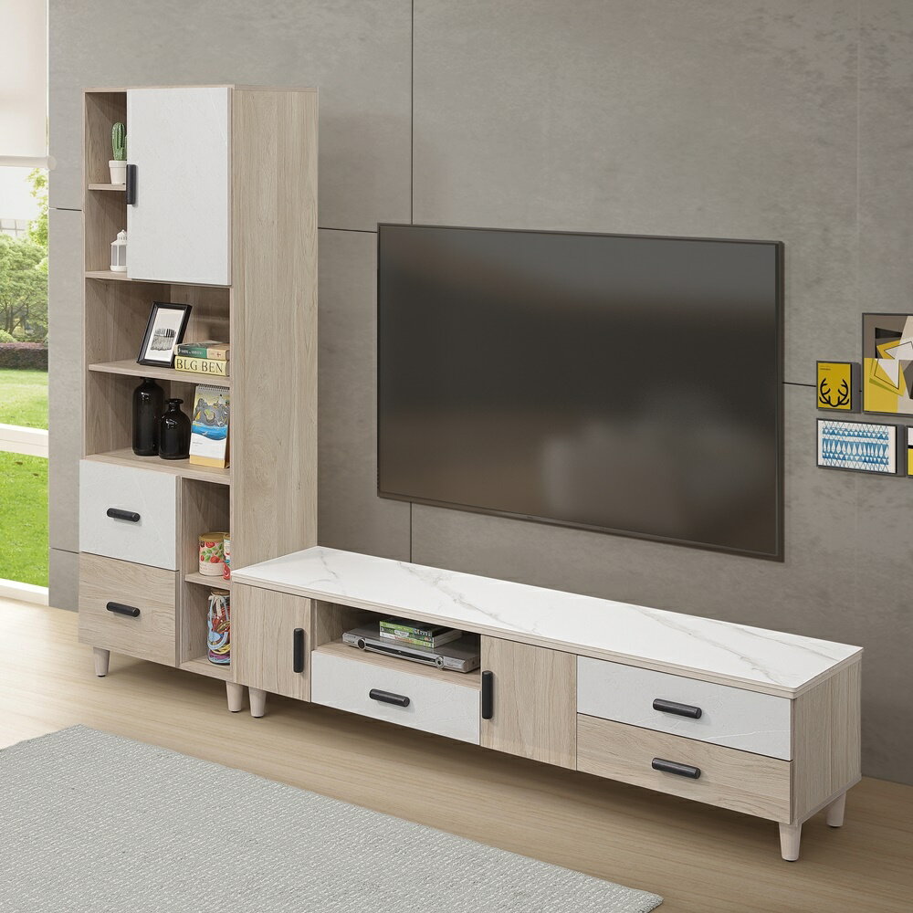 【直人木業】IVY當代日系風180公分陶板電視櫃加66公分展示櫃｜APP結帳再賺4%點數 1