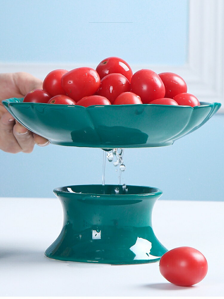 茶幾 ● 陶瓷 水果盤瀝水盤子 漏水盤雙層8寸 歐式 客廳 茶幾 餐桌 家用 平盤托盤